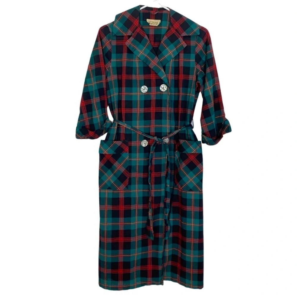 Vintage 50s Jacket Womens 12 Large Double Breasted Long Plaid Lightweight EUC